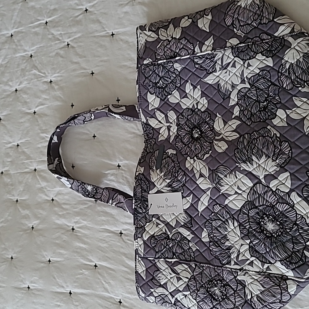 Vera Bradley Gray and White Quilted Floral Travel Tote